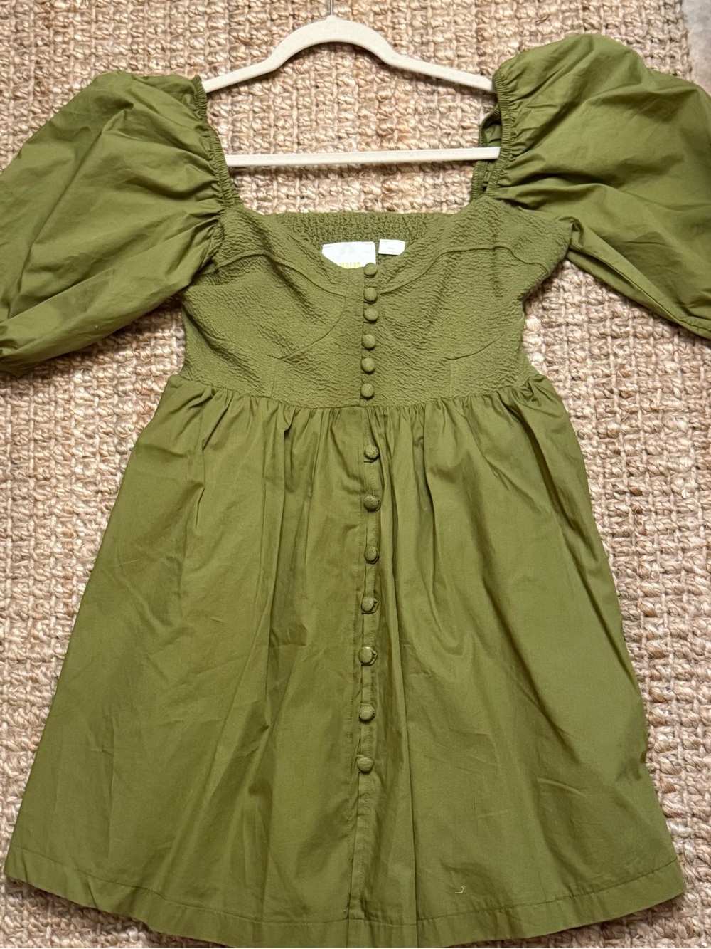 Anthropologie Olive Green Puff-Sleeve Button Dress